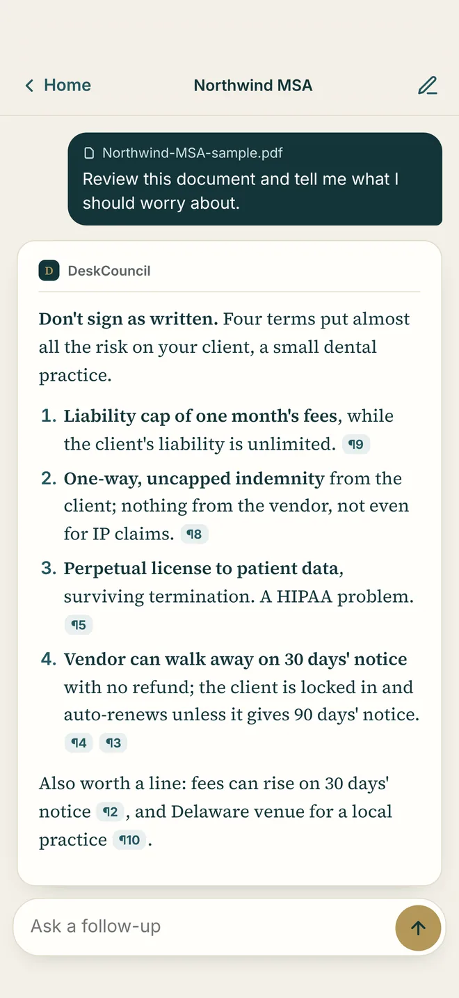 A DeskCouncil review: a verdict and numbered findings, each citing its clause